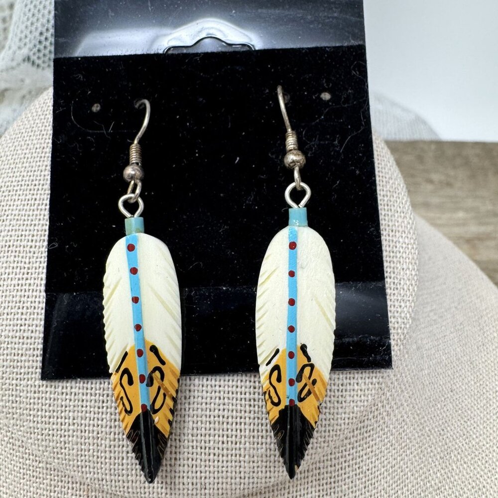 Handcrafted Feather Dangle Earrings With Tribal Design Pierced French Hooks